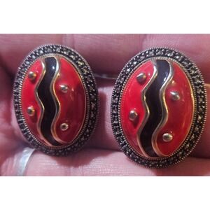 VTG Judith Jack Sterling Silver Enamel Marcasite Clip Earrings Oval Red & Black